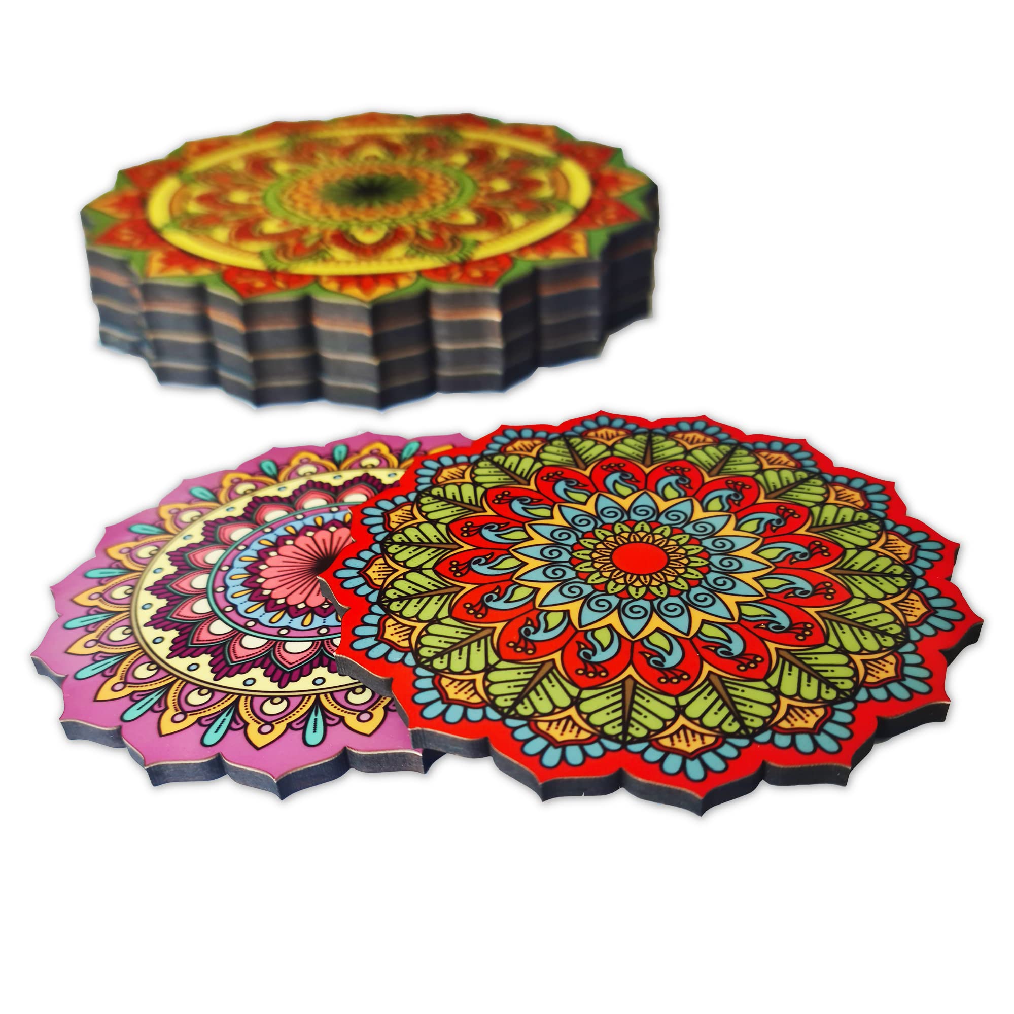 Ambiyaa Pine Set Of 6 Mandala 4 Inch Coasters | Unique Handmade Designs | Flower Shaped | 10 Cm Diameter